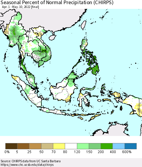 South East Asia Seasonal Percent of Normal Precipitation (CHIRPS) Thematic Map For 4/1/2022 - 5/10/2022