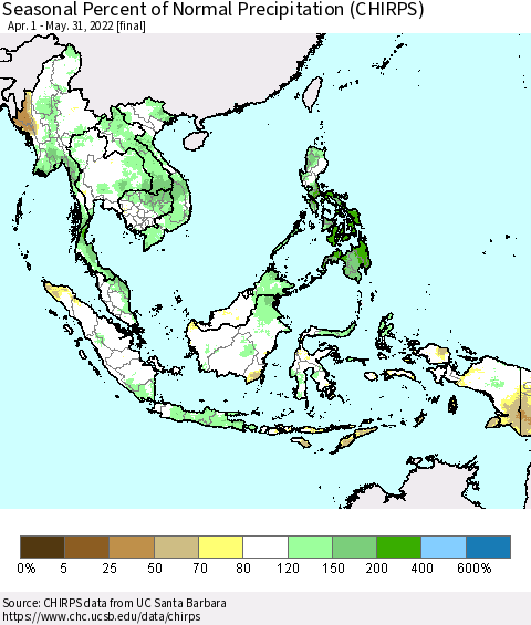 South East Asia Seasonal Percent of Normal Precipitation (CHIRPS) Thematic Map For 4/1/2022 - 5/31/2022
