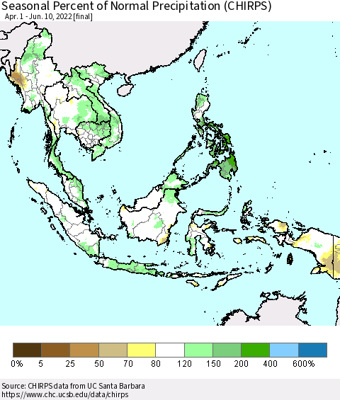 South East Asia Seasonal Percent of Normal Precipitation (CHIRPS) Thematic Map For 4/1/2022 - 6/10/2022