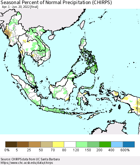 South East Asia Seasonal Percent of Normal Precipitation (CHIRPS) Thematic Map For 4/1/2022 - 6/20/2022