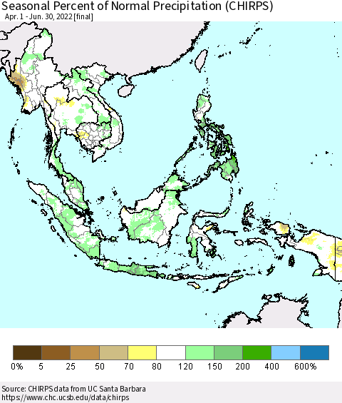 South East Asia Seasonal Percent of Normal Precipitation (CHIRPS) Thematic Map For 4/1/2022 - 6/30/2022