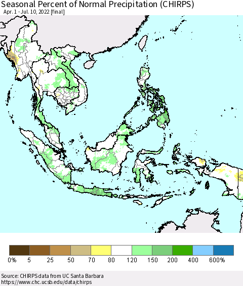 South East Asia Seasonal Percent of Normal Precipitation (CHIRPS) Thematic Map For 4/1/2022 - 7/10/2022