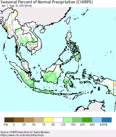 South East Asia Seasonal Percent of Normal Precipitation (CHIRPS) Thematic Map For 4/1/2022 - 8/31/2022