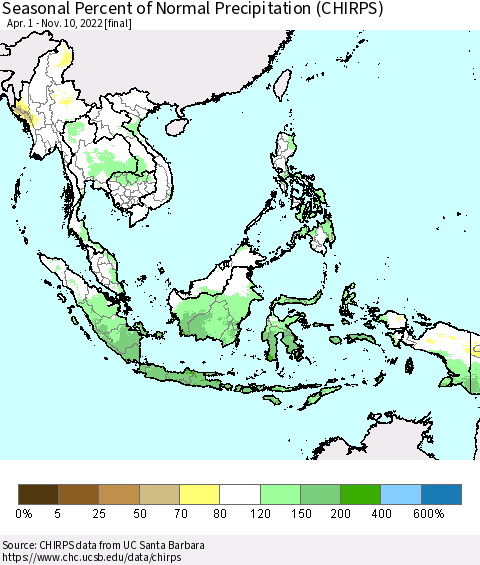 South East Asia Seasonal Percent of Normal Precipitation (CHIRPS) Thematic Map For 4/1/2022 - 11/10/2022