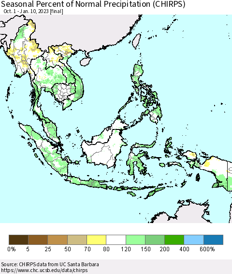 South East Asia Seasonal Percent of Normal Precipitation (CHIRPS) Thematic Map For 10/1/2022 - 1/10/2023
