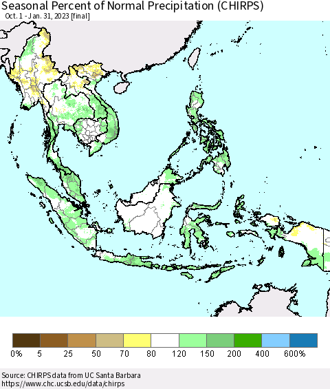 South East Asia Seasonal Percent of Normal Precipitation (CHIRPS) Thematic Map For 10/1/2022 - 1/31/2023