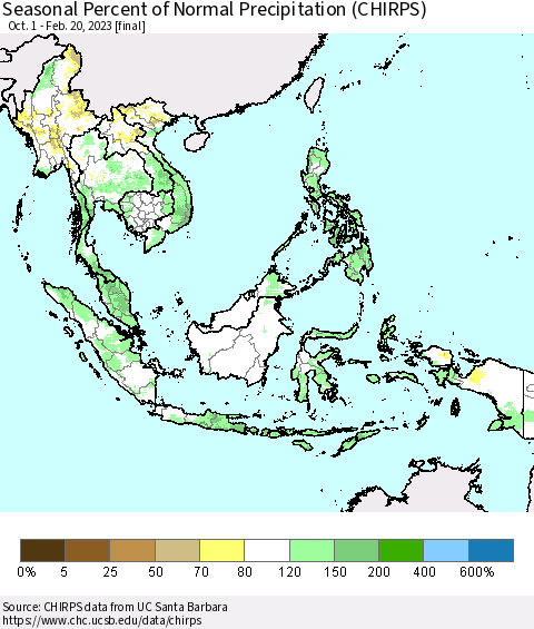 South East Asia Seasonal Percent of Normal Precipitation (CHIRPS) Thematic Map For 10/1/2022 - 2/20/2023