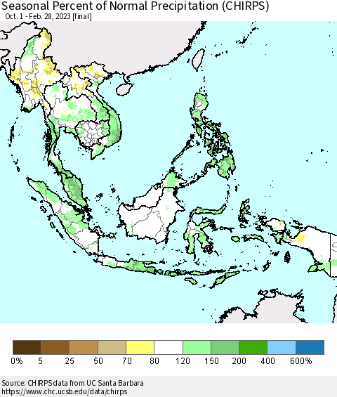 South East Asia Seasonal Percent of Normal Precipitation (CHIRPS) Thematic Map For 10/1/2022 - 2/28/2023