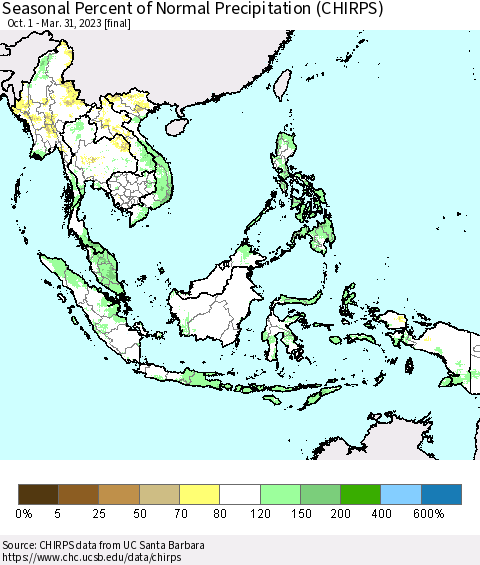 South East Asia Seasonal Percent of Normal Precipitation (CHIRPS) Thematic Map For 10/1/2022 - 3/31/2023