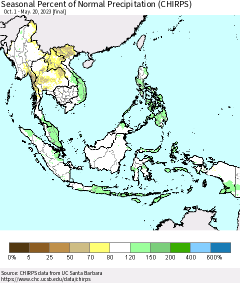 South East Asia Seasonal Percent of Normal Precipitation (CHIRPS) Thematic Map For 10/1/2022 - 5/20/2023