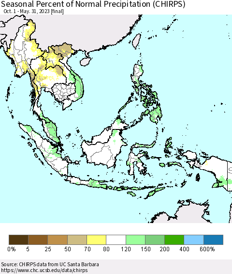 South East Asia Seasonal Percent of Normal Precipitation (CHIRPS) Thematic Map For 10/1/2022 - 5/31/2023