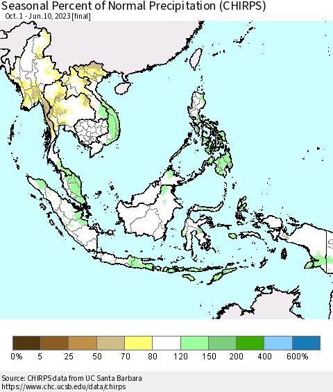South East Asia Seasonal Percent of Normal Precipitation (CHIRPS) Thematic Map For 10/1/2022 - 6/10/2023