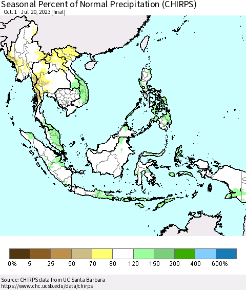South East Asia Seasonal Percent of Normal Precipitation (CHIRPS) Thematic Map For 10/1/2022 - 7/20/2023