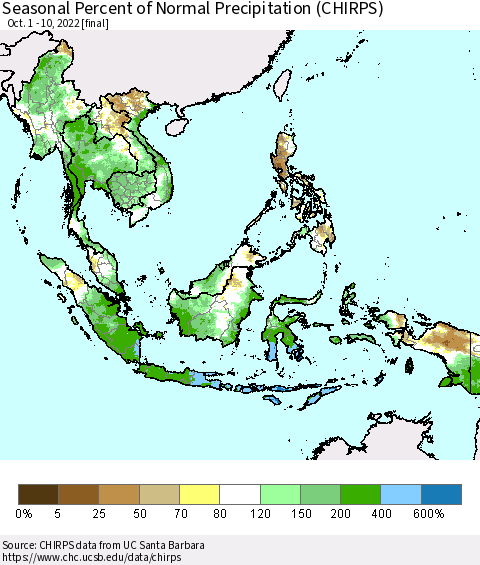 South East Asia Seasonal Percent of Normal Precipitation (CHIRPS) Thematic Map For 10/1/2022 - 10/10/2022