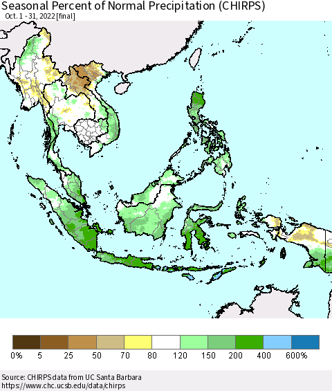 South East Asia Seasonal Percent of Normal Precipitation (CHIRPS) Thematic Map For 10/1/2022 - 10/31/2022