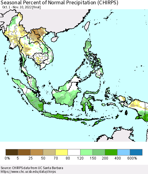 South East Asia Seasonal Percent of Normal Precipitation (CHIRPS) Thematic Map For 10/1/2022 - 11/10/2022