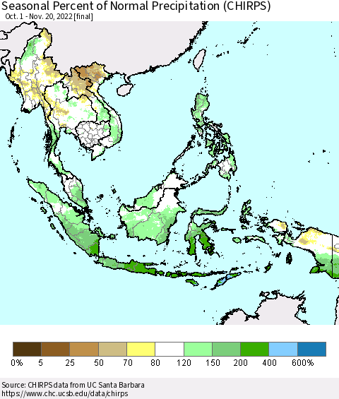 South East Asia Seasonal Percent of Normal Precipitation (CHIRPS) Thematic Map For 10/1/2022 - 11/20/2022