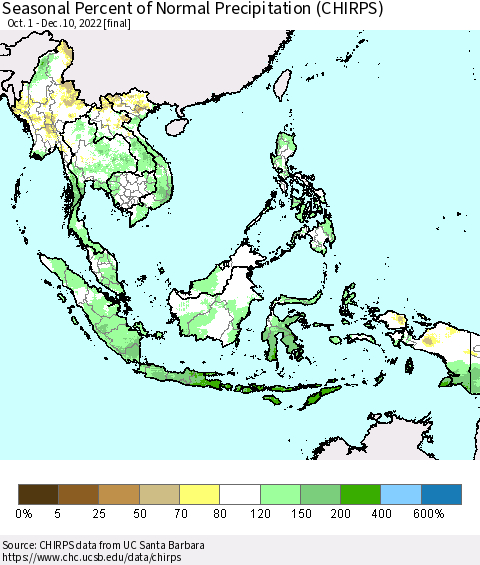 South East Asia Seasonal Percent of Normal Precipitation (CHIRPS) Thematic Map For 10/1/2022 - 12/10/2022