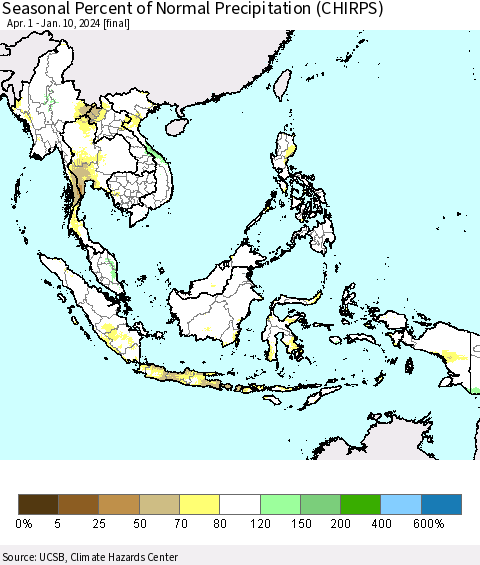 South East Asia Seasonal Percent of Normal Precipitation (CHIRPS) Thematic Map For 4/1/2023 - 1/10/2024