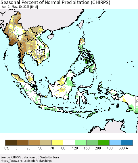 South East Asia Seasonal Percent of Normal Precipitation (CHIRPS) Thematic Map For 4/1/2023 - 5/10/2023