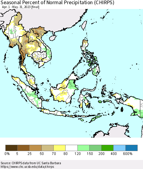 South East Asia Seasonal Percent of Normal Precipitation (CHIRPS) Thematic Map For 4/1/2023 - 5/31/2023