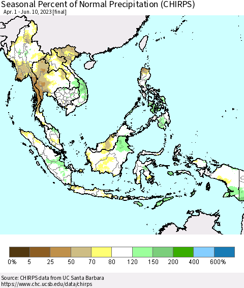 South East Asia Seasonal Percent of Normal Precipitation (CHIRPS) Thematic Map For 4/1/2023 - 6/10/2023