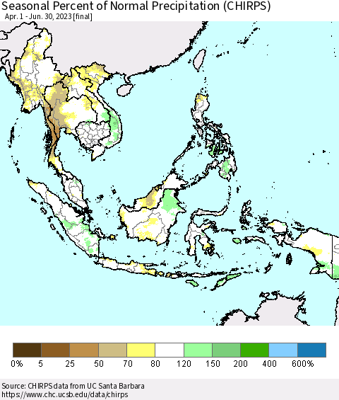 South East Asia Seasonal Percent of Normal Precipitation (CHIRPS) Thematic Map For 4/1/2023 - 6/30/2023