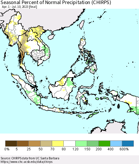 South East Asia Seasonal Percent of Normal Precipitation (CHIRPS) Thematic Map For 4/1/2023 - 7/10/2023