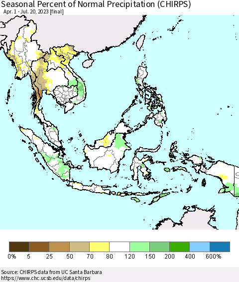 South East Asia Seasonal Percent of Normal Precipitation (CHIRPS) Thematic Map For 4/1/2023 - 7/20/2023