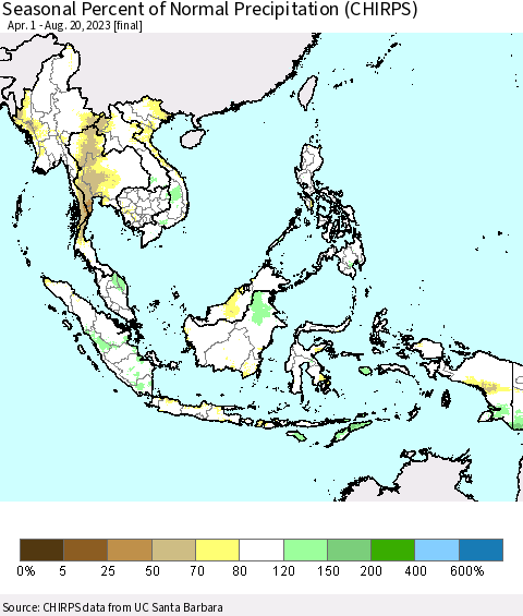 South East Asia Seasonal Percent of Normal Precipitation (CHIRPS) Thematic Map For 4/1/2023 - 8/20/2023