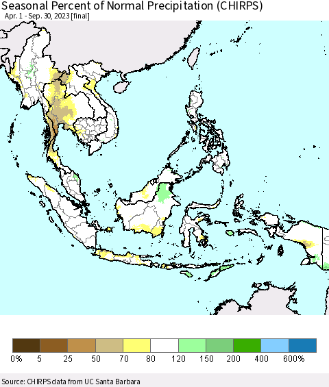South East Asia Seasonal Percent of Normal Precipitation (CHIRPS) Thematic Map For 4/1/2023 - 9/30/2023