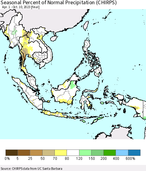 South East Asia Seasonal Percent of Normal Precipitation (CHIRPS) Thematic Map For 4/1/2023 - 10/10/2023