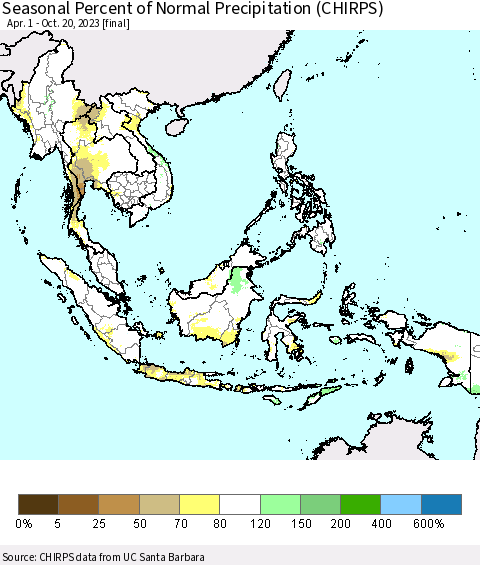 South East Asia Seasonal Percent of Normal Precipitation (CHIRPS) Thematic Map For 4/1/2023 - 10/20/2023