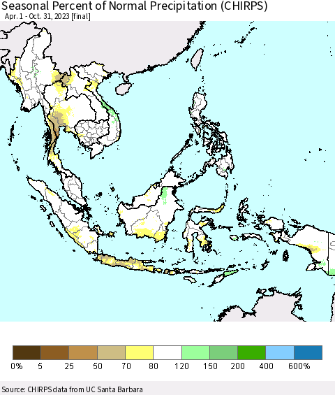 South East Asia Seasonal Percent of Normal Precipitation (CHIRPS) Thematic Map For 4/1/2023 - 10/31/2023