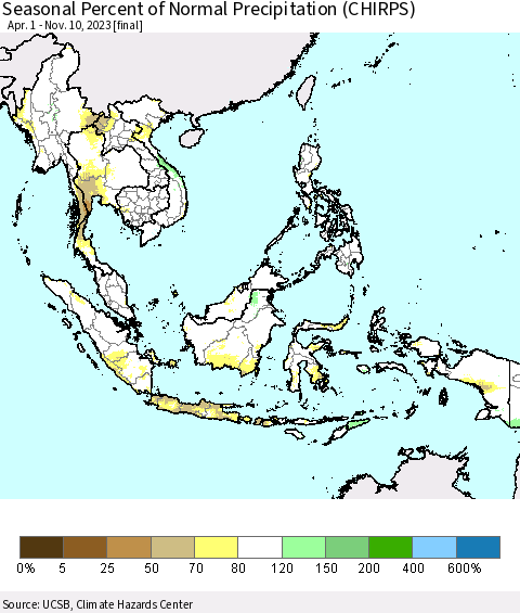 South East Asia Seasonal Percent of Normal Precipitation (CHIRPS) Thematic Map For 4/1/2023 - 11/10/2023