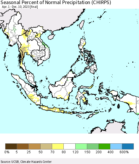 South East Asia Seasonal Percent of Normal Precipitation (CHIRPS) Thematic Map For 4/1/2023 - 12/10/2023