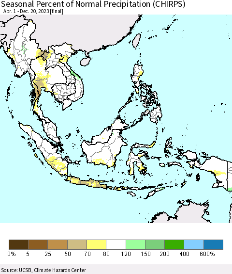 South East Asia Seasonal Percent of Normal Precipitation (CHIRPS) Thematic Map For 4/1/2023 - 12/20/2023