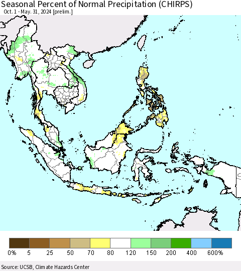 South East Asia Seasonal Percent of Normal Precipitation (CHIRPS) Thematic Map For 10/1/2023 - 5/31/2024