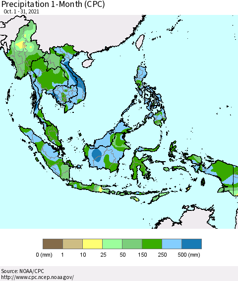South East Asia Precipitation 1-Month (CPC) Thematic Map For 10/1/2021 - 10/31/2021