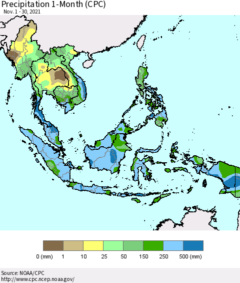 South East Asia Precipitation 1-Month (CPC) Thematic Map For 11/1/2021 - 11/30/2021