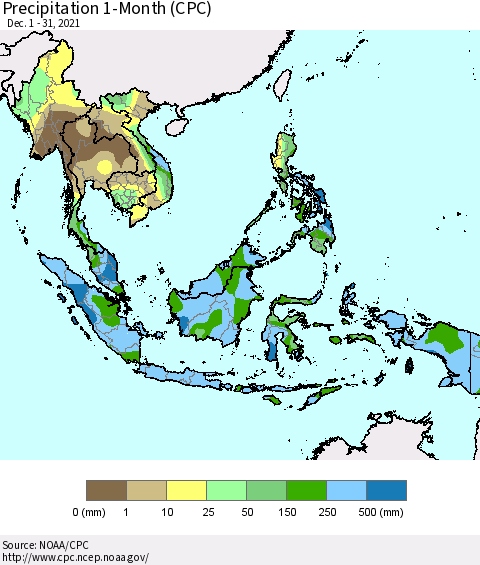 South East Asia Precipitation 1-Month (CPC) Thematic Map For 12/1/2021 - 12/31/2021