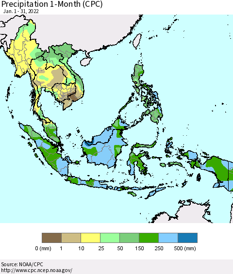 South East Asia Precipitation 1-Month (CPC) Thematic Map For 1/1/2022 - 1/31/2022