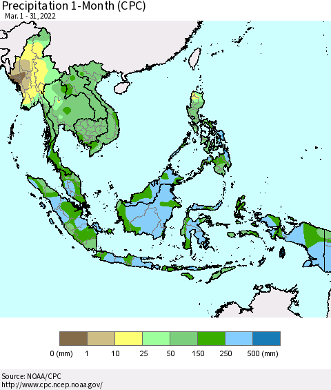 South East Asia Precipitation 1-Month (CPC) Thematic Map For 3/1/2022 - 3/31/2022