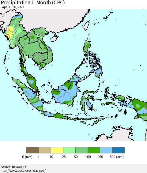 South East Asia Precipitation 1-Month (CPC) Thematic Map For 4/1/2022 - 4/30/2022