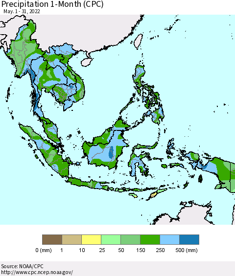 South East Asia Precipitation 1-Month (CPC) Thematic Map For 5/1/2022 - 5/31/2022