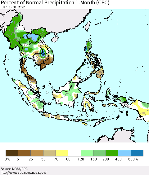 South East Asia Percent of Normal Precipitation 1-Month (CPC) Thematic Map For 1/1/2022 - 1/31/2022