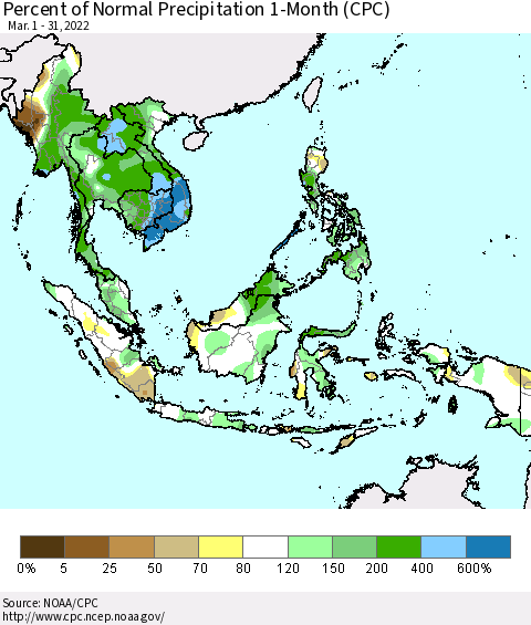 South East Asia Percent of Normal Precipitation 1-Month (CPC) Thematic Map For 3/1/2022 - 3/31/2022