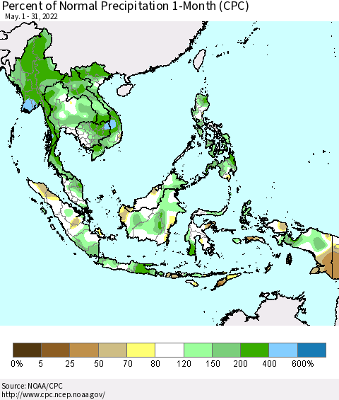 South East Asia Percent of Normal Precipitation 1-Month (CPC) Thematic Map For 5/1/2022 - 5/31/2022