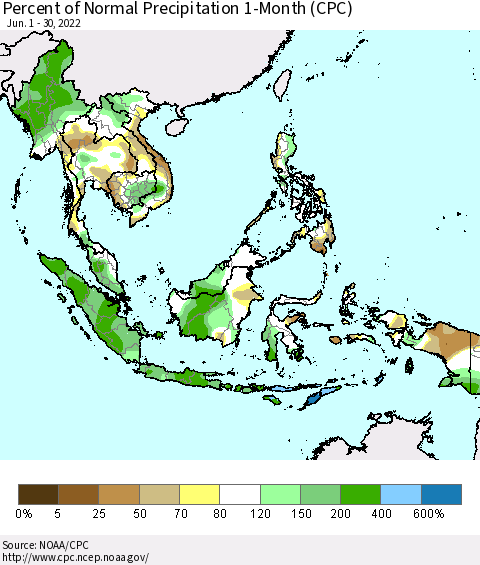 South East Asia Percent of Normal Precipitation 1-Month (CPC) Thematic Map For 6/1/2022 - 6/30/2022