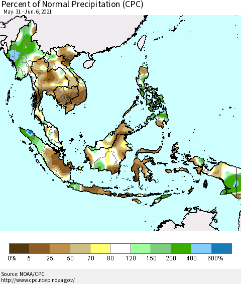 South East Asia Percent of Normal Precipitation (CPC) Thematic Map For 5/31/2021 - 6/6/2021